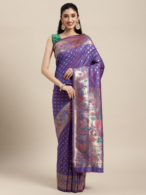 

Pandadi Saree Women Purple & Gold-Toned Woven Design Zari Silk Blend Paithani Sarees