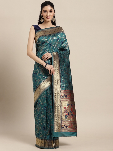 

Pandadi Saree Teal & Gold-Toned Ethnic Motifs Zari Silk Blend Paithani Sarees