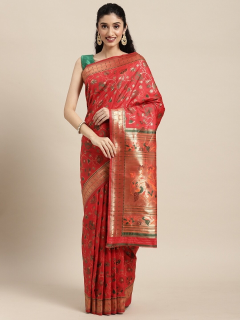 

Pandadi Saree Red & Gold-Toned Woven Design Zari Silk Blend Paithani Sarees