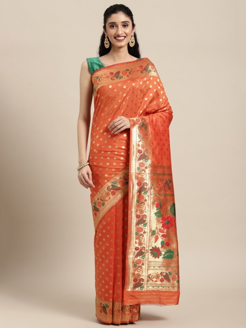 

Pandadi Saree Orange & Gold-Toned Floral Zari Silk Blend Paithani Sarees