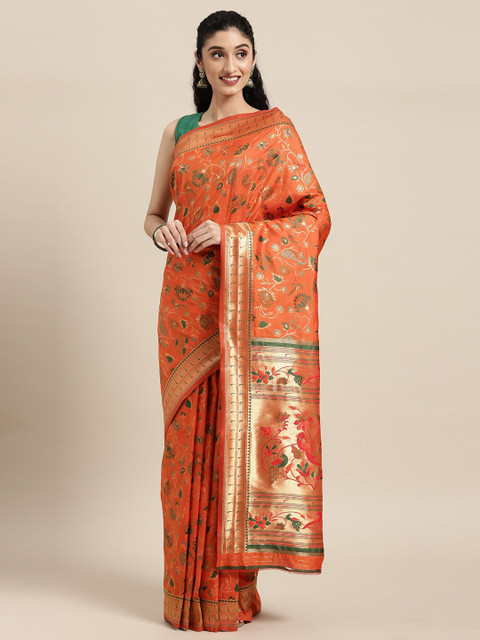 

Pandadi Saree Orange Woven Design Zari Silk Blend Paithani Sarees