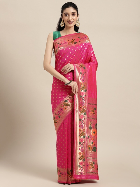 

Pandadi Saree Women Pink & Green Woven Design Zari Silk Blend Paithani Sarees