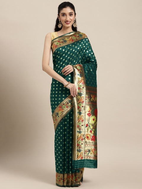 

Pandadi Saree Green & Gold-Toned Woven Design Zari Silk Blend Paithani Sarees
