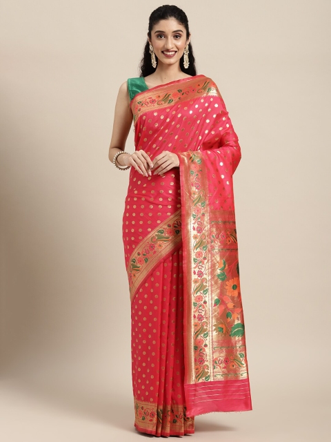 

Pandadi Saree Peach-Coloured & Green Floral Zari Silk Blend Paithani Sarees