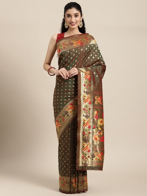 

Pandadi Saree Grey & Orange Woven Design Zari Silk Blend Paithani Sarees