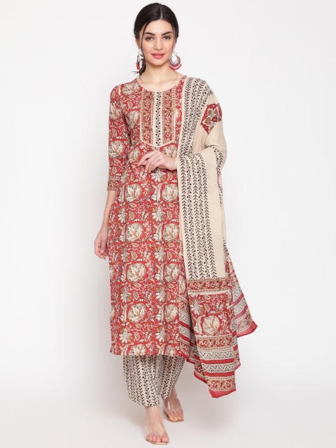 

GLAM ROOTS Women Red Ethnic Motifs Printed Gotta Patti Pure Cotton Kurti with Trousers & With Dupatta