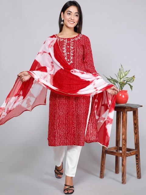 

gvs shoppe Women Red Striped Pleated Gotta Patti Kurti with Palazzos