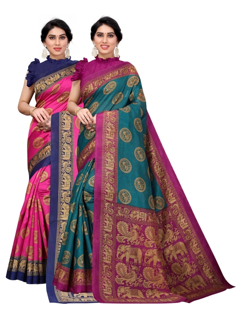 

AADVIKA Set of 2 Printed Art Silk Mysore Silk Saree, Teal