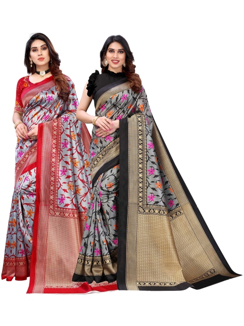 

AADVIKA Pack Of 2 Grey & Red Floral Art Silk Saree