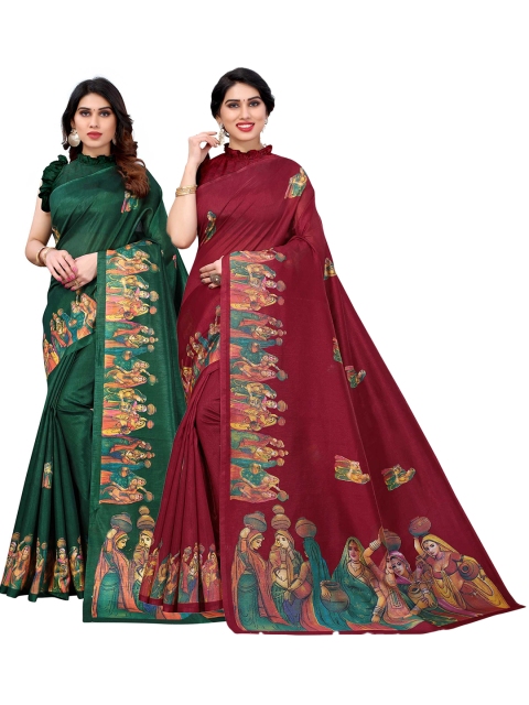 

AADVIKA Pack Of 2 Green & Maroon Art Silk Saree