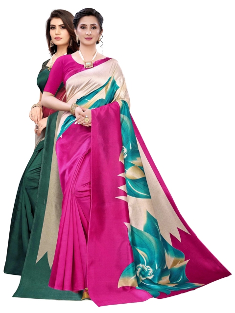 

AADVIKA Pack Of 2 Green & Pink Floral Art Silk Saree