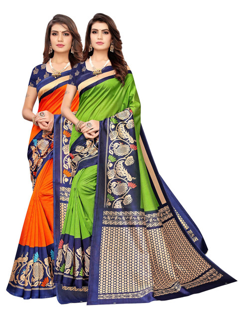 

AADVIKA Set of 2 Printed Art Silk Mysore Silk Saree, Green