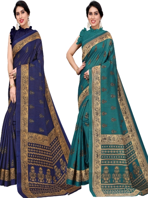 

AADVIKA Pack of 2 Blue & Green Ethnic Motifs Art Silk Saree