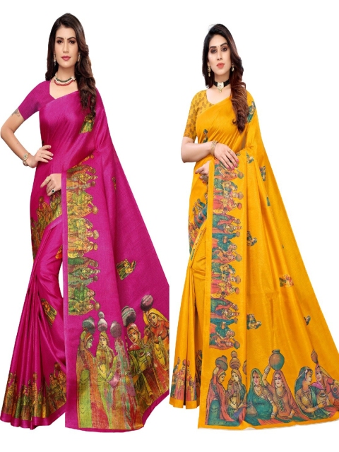 

AADVIKA Pack Of 2 Pink & Yellow Art Silk Saree