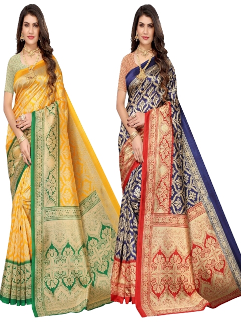 

AADVIKA Pack Of 2 Yellow & Navy Blue Woven Design Art Silk Saree