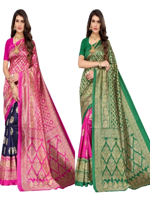 

AADVIKA Pack Of 2 Pink & Green Woven Design Art Silk Saree