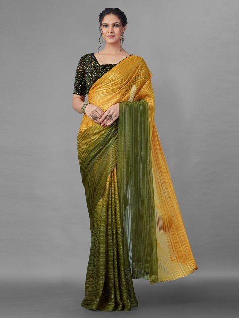 

Zombom Olive Green & Yellow Leheriya Silk Blend Leheriya Saree