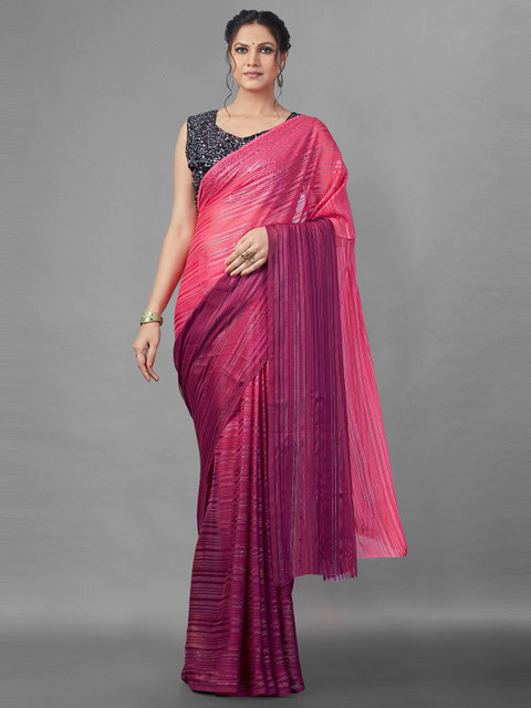 

Zombom Pink Striped Silk Blend Saree