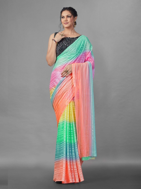 

Zombom Green & Peach-Coloured Striped Silk Blend Saree, Multi