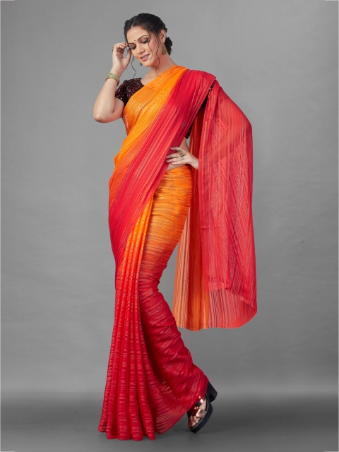 

Zombom Orange & Red Leheriya Silk Blend Leheriya Saree