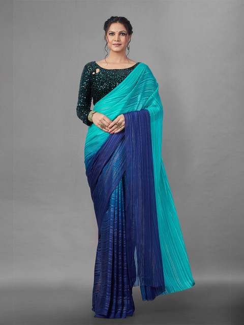 

Zombom Women Navy Blue Striped Silk Blend Saree