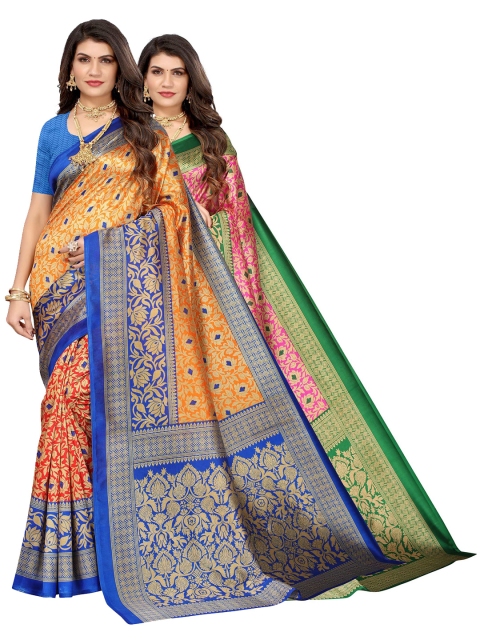 

AADVIKA Pack Of 2 Orange & Pink Woven Design Art Silk Saree