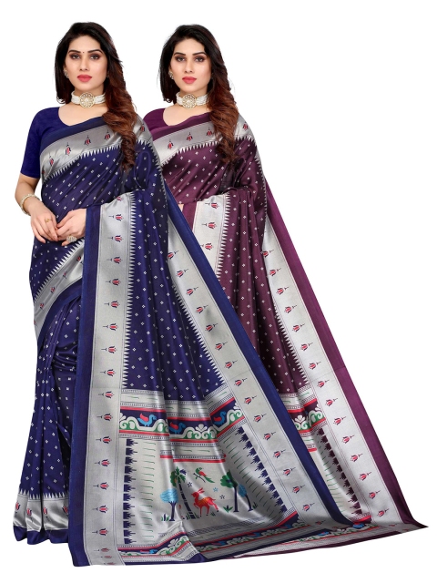 

AADVIKA Set of 2 Printed Art Silk Mysore Silk Saree, Navy blue