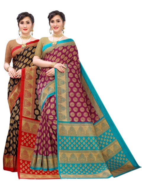 

AADVIKA Pack Of 2 Black & Purple Woven Design Art Silk Saree