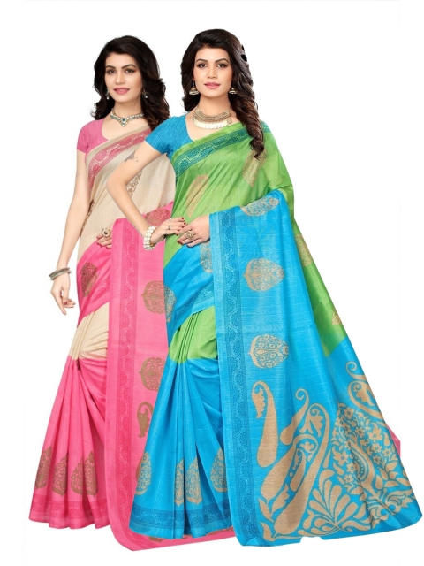 

AADVIKA Pack Of 2 Beige & Green Ethnic Motifs Art Silk Saree