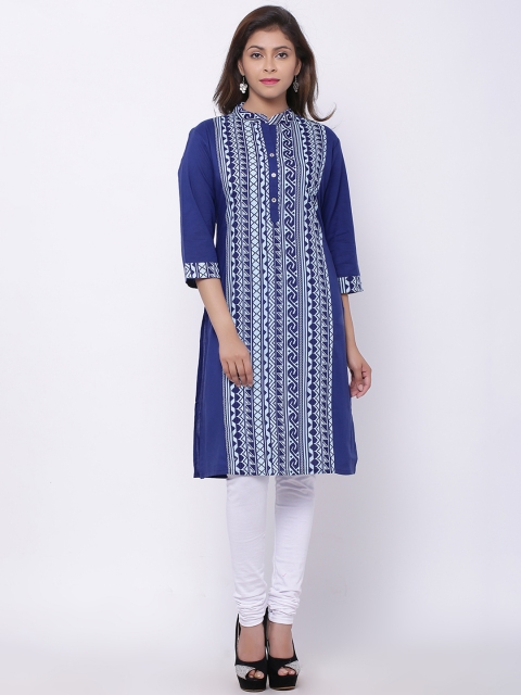 

Aimbee Women Blue Block Print Straight Kurta