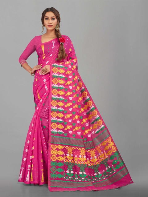 

Zombom Pink & Yellow Ethnic Motifs Maheshwari Saree