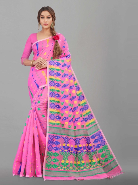 

Zombom Pink & Blue Ethnic Motifs Jamdani Saree