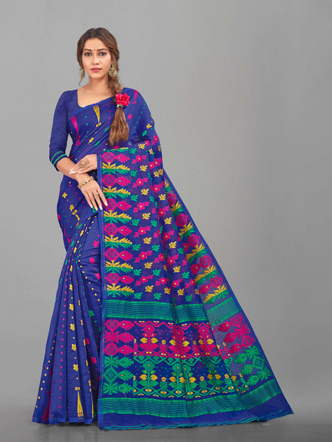 

Zombom Blue & Pink Ethnic Motifs Jamdani Saree