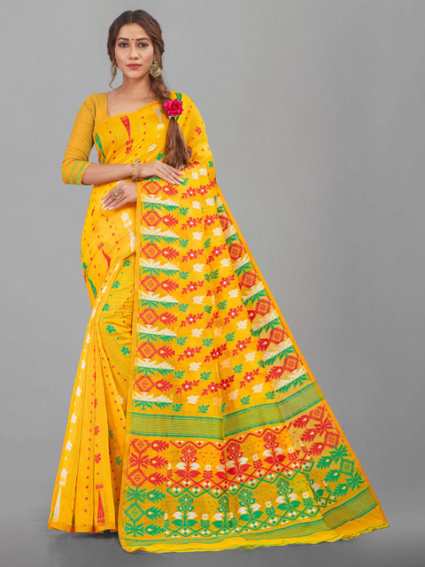 

Zombom Yellow & Red Floral Jamdani Saree