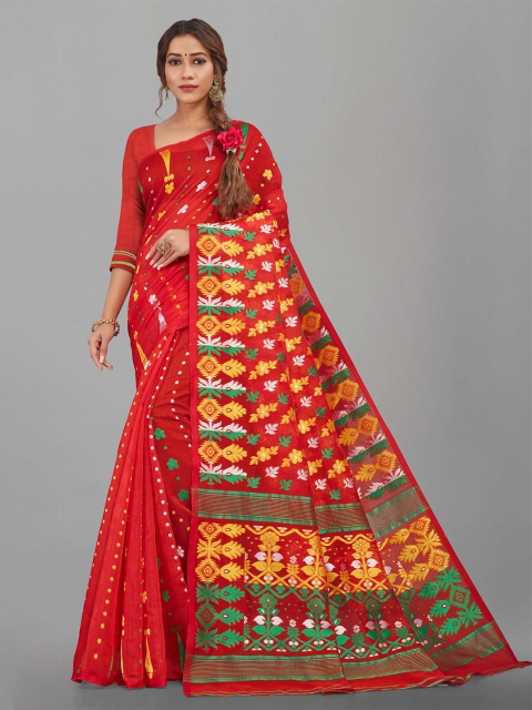 

Zombom Red & Yellow Ethnic Motifs Jamdani Saree