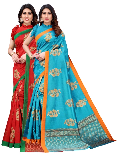 

AADVIKA Red & Turquoise Blue Floral Art Silk Mysore Silk Saree