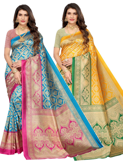 

AADVIKA Pack Of 2 Blue & Yellow Woven Design Art Silk Saree