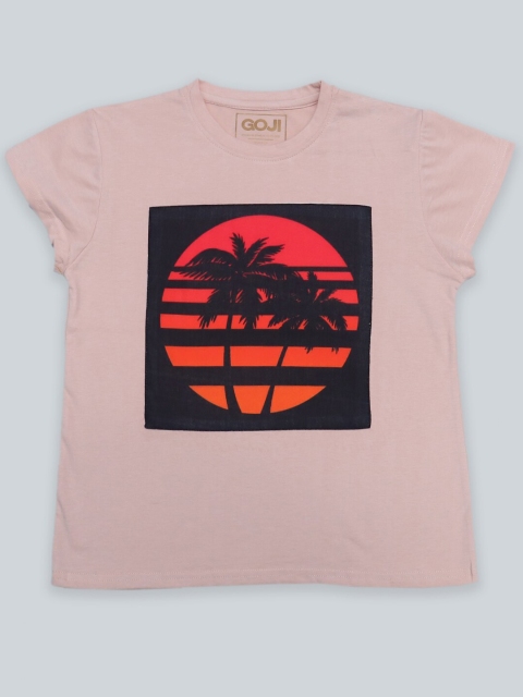 

GOJI Girls Peach-Coloured & lilac ash Typography Printed Applique T-shirt