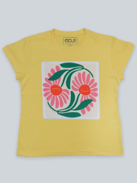 

GOJI Girls Yellow & celery Printed Applique T-shirt