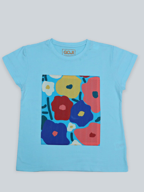 

GOJI Girls Blue Printed Extended Sleeves Applique T-shirt