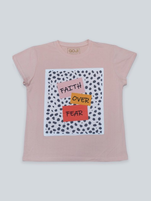 

GOJI Girls Peach-Coloured & shadow gray Typography Printed Applique T-shirt