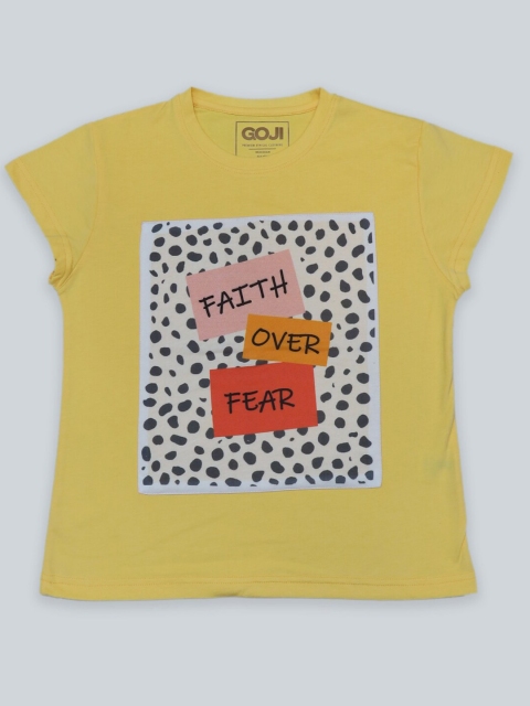 

GOJI Girls Yellow & citron Typography Printed Applique T-shirt