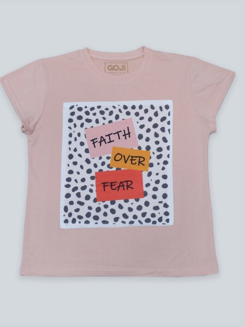 

GOJI Girls Peach-Coloured & shadow gray Typography Printed Applique T-shirt