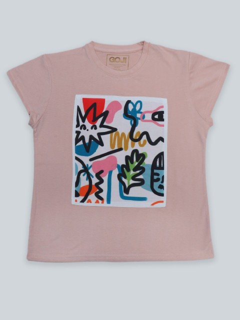 

GOJI Girls Peach-Coloured & shadow gray Printed T-shirt