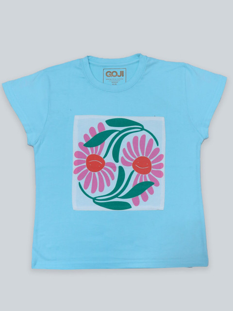 

GOJI Girls Blue & ibis rose Printed Applique T-shirt