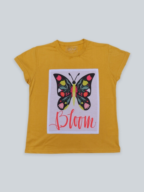 

GOJI Girls Mustard Yellow & tawny olive Printed Applique T-shirt