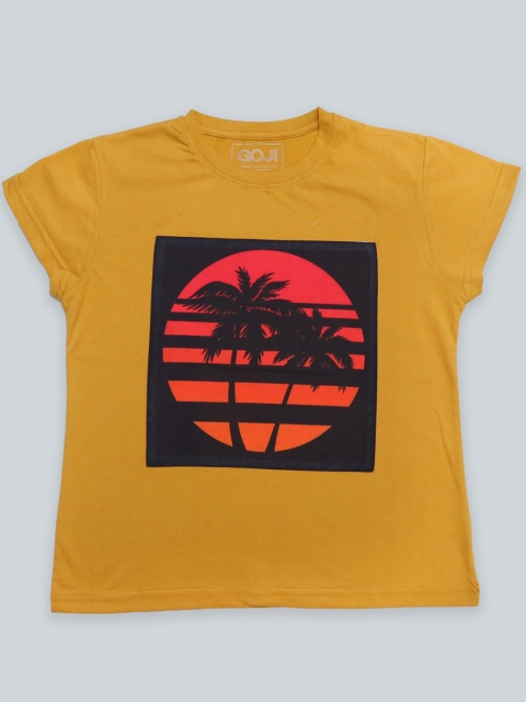 

GOJI Girls Mustard Yellow & old gold Printed Applique T-shirt