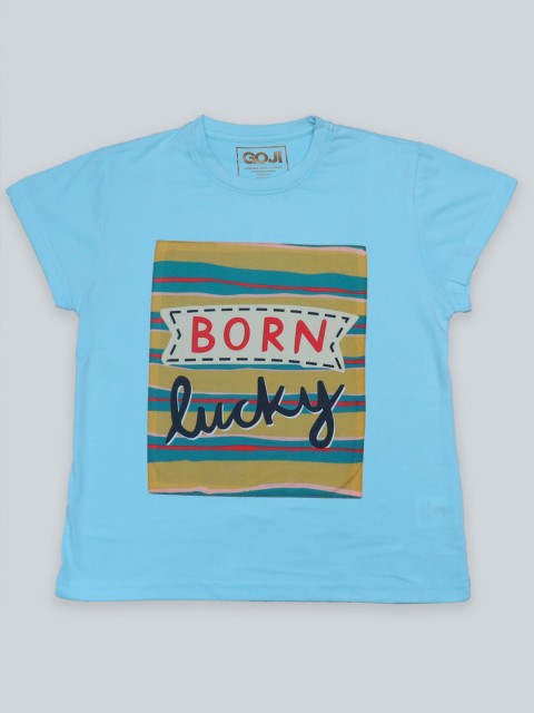 

GOJI Girls Blue & burnished gold Printed Applique T-shirt