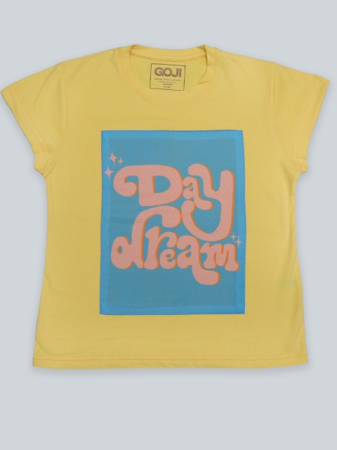 

GOJI Girls Yellow & endive Typography Printed Applique T-shirt