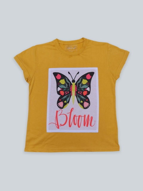 

GOJI Girls Mustard Yellow & satin sheen gold Printed Applique T-shirt